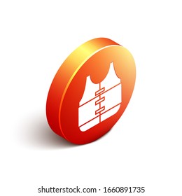 Isometric Life jacket icon isolated on white background. Life vest icon. Extreme sport. Sport equipment. Orange circle button. Vector Illustration