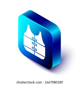 Isometric Life jacket icon isolated on white background. Life vest icon. Extreme sport. Sport equipment. Blue square button. Vector Illustration