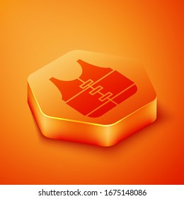 Isometric Life jacket icon isolated on orange background. Life vest icon. Extreme sport. Sport equipment. Orange hexagon button. Vector Illustration