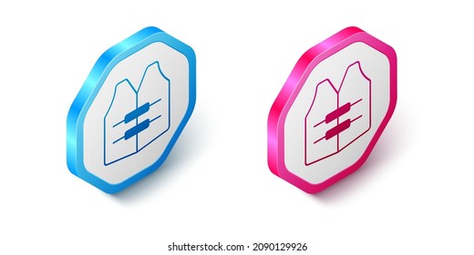 Isometric Life jacket icon isolated on white background. Life vest icon. Extreme sport. Sport equipment. Hexagon button. Vector