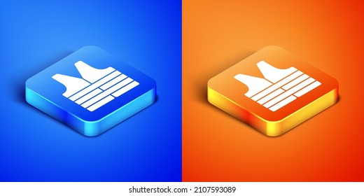 Isometric Life jacket icon isolated on blue and orange background. Life vest icon. Extreme sport. Sport equipment. Square button. Vector