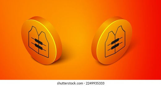 Isometric Life jacket icon isolated on orange background. Life vest icon. Extreme sport. Sport equipment. Orange circle button. Vector