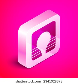 Isometric Life jacket icon isolated on pink background. Life vest icon. Extreme sport. Sport equipment. Silver square button. Vector