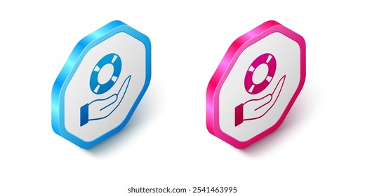 Isometric Lifebuoy in hand icon isolated on white background. Lifebelt symbol. Hexagon button. Vector