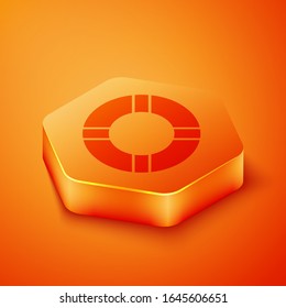 Isometric Lifebuoy icon isolated on orange background. Life saving floating lifebuoy for beach, rescue belt for saving people. Orange hexagon button. Vector Illustration