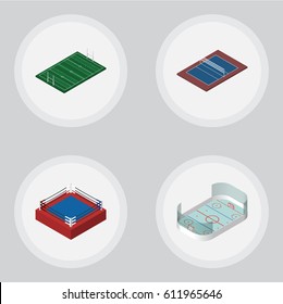 Isometric Lifestyle Set Of American Football, Tennis, Fighting And Other Vector Objects. Also Includes Hockey, Ice, Boxing Elements.