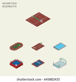 Isometric Lifestyle Set Of Ice Games, Basin, Fighting And Other Vector Objects. Also Includes Pool, Field, Volleyball Elements.