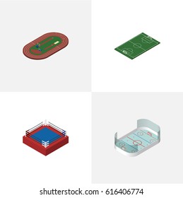 Isometric Lifestyle Set Of Run Stadium, Fighting, Soccer And Other Vector Objects.  