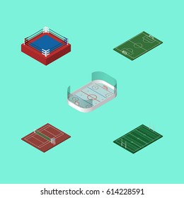 Isometric Lifestyle Set Of Volleyball, American Football, Soccer And Other Vector Objects. Also Includes Fighting, Boxing, Soccer Elements.