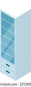 Isometric light blue showcase with glass shelves and drawers standing in room representing modern furniture for storing and displaying items