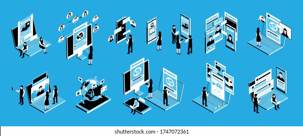 Isometric light blue social media icon set with different social network and content vector illustration