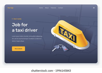 Taxi y llave de la caja de luz isométrica. Plantilla de página de inicio. 