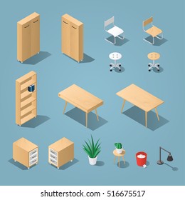 Isometric light brown office furniture set. Collection includes tables, shelves, bureau, cabinet, locker, lamps, chairs, houseplants, trash bin and cactus. Stock vector.