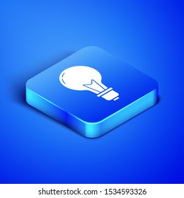 Isometric Light bulb with concept of idea icon isolated on blue background. Energy and idea symbol. Inspiration concept. Blue square button. Vector Illustration