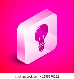 Isometric Light bulb with concept of idea icon isolated on pink background. Energy and idea symbol. Inspiration concept. Silver square button. Vector Illustration