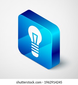Isometric Light bulb with concept of idea icon isolated on grey background. Energy and idea symbol. Inspiration concept. Blue square button. Vector