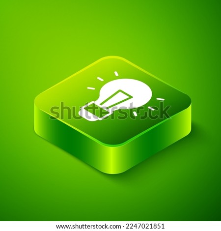 Isometric Light bulb with concept of idea icon isolated on green background. Energy and idea symbol. Inspiration concept. Green square button. Vector