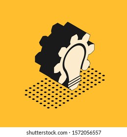 Isometric Light bulb and gear icon isolated on yellow background. Innovation concept. Business idea.  Vector Illustration
