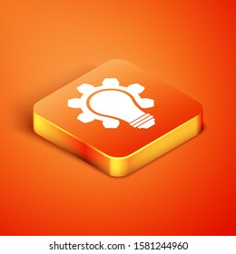 Isometric Light bulb and gear icon isolated on orange background. Innovation concept. Business idea.  Vector Illustration