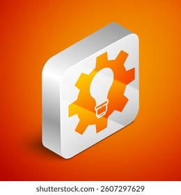 Isometric Light bulb and gear icon isolated on orange background. Innovation concept. Business idea. Silver square button. Vector