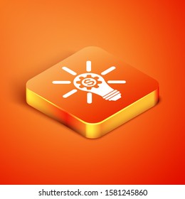 Isometric Light bulb with gear inside and dollar symbol icon isolated on orange background. Fintech innovation concept.  Vector Illustration