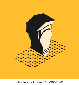Isometric Light bulb and graduation cap icon isolated on yellow background. University Education concept.  Vector Illustration