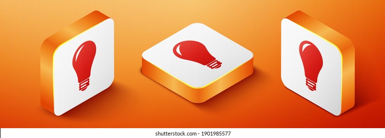 Isometric Light bulb icon aislado en el fondo naranja. Símbolo de energía e ideas. Luz eléctrica. Botón cuadrado naranja. Vector.