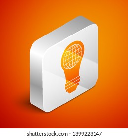 Isometric Light bulb with inside world globe icon isolated on orange background. Planet Earth on the lamp. Global ecology concept. Silver square button. Vector Illustration