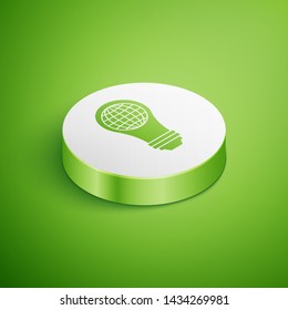Isometric Light bulb with inside world globe icon isolated on green background. Planet Earth on the lamp. Global ecology concept. White circle button. Vector Illustration