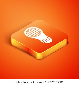Isometric Light bulb with inside world globe icon isolated on orange background. Planet Earth on the lamp. Global ecology concept.  Vector Illustration