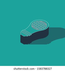 Isometric Light bulb with inside world globe icon isolated on green background. Planet Earth on the lamp. Global ecology concept.  Vector Illustration