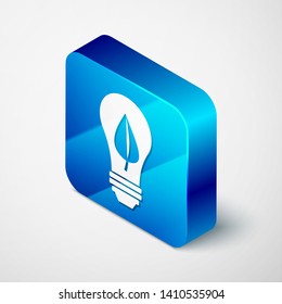 Isometric Light bulb with leaf icon isolated on white background. Eco energy concept. Alternative energy concept. Blue square button. Vector Illustration
