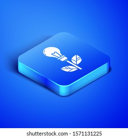 Isometric Light bulb with leaf icon isolated on blue background. Eco energy concept. Alternative energy concept. Blue square button. Vector Illustration