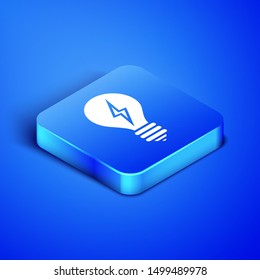 Isometric Light bulb with lightning symbol icon isolated on blue background. Light lamp sign. Idea symbol. Blue square button. Vector Illustration