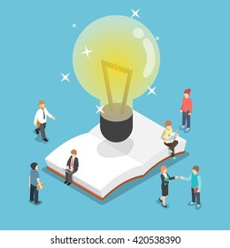 Isometric light bulb over an open book with business people, wisdom, education, reading, imagination concept, VECTOR, EPS10