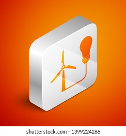 Isometric Light bulb with wind turbine as idea of eco friendly source of energy icon isolated on orange background. Alternative energy concept. Silver square button. Vector Illustration
