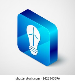 Isometric Light bulb with wind turbine as idea of eco friendly source of energy icon isolated on white background. Alternative energy concept. Blue square button. Vector Illustration