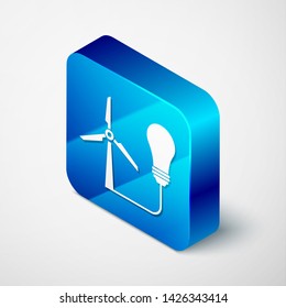 Isometric Light bulb with wind turbine as idea of eco friendly source of energy icon isolated on white background. Alternative energy concept. Blue square button. Vector Illustration