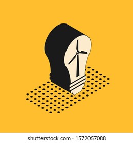 Isometric Light bulb with wind turbine as idea of eco friendly source of energy icon isolated on yellow background. Alternative energy concept.  Vector Illustration