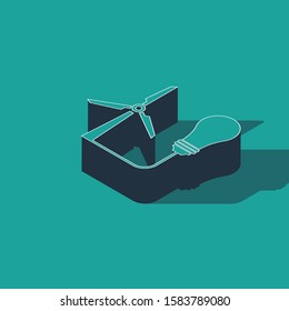 Isometric Light bulb with wind turbine as idea of eco friendly source of energy icon isolated on green background. Alternative energy concept.  Vector Illustration