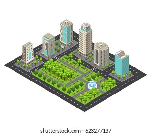 Isometric light cityscape concept with modern buildings road green park and fountain vector illustration
