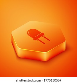 Isometric Light emitting diode icon isolated on orange background. Semiconductor diode electrical component. Orange hexagon button. Vector Illustration