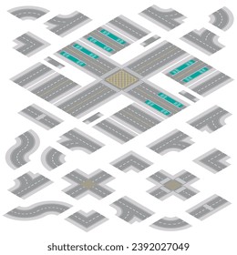 Isometric Light Grey Main Street and Road Building Kit isolated on a White Background