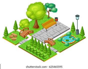 Isometric light park landscape template with green trees bushes lily flowers in pond bench bridges vector illustration