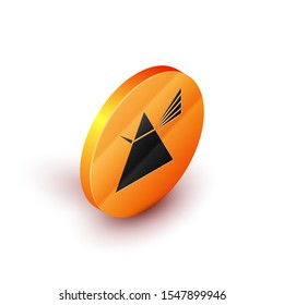 Isometric Light rays in prism icon isolated on white background. Ray rainbow spectrum dispersion optical effect in glass prism. Orange circle button. Vector Illustration