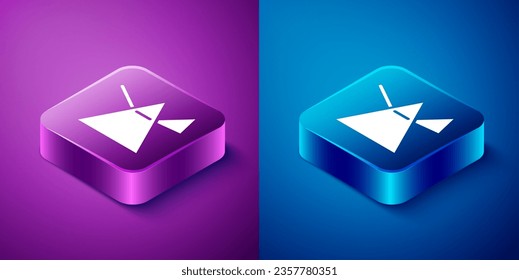 Isometric Light rays in prism icon isolated on blue and purple background. Ray rainbow spectrum dispersion optical effect in glass prism. Square button. Vector Illustration