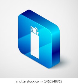 Isometric Lighter icon isolated on white background. Blue square button. Vector Illustration