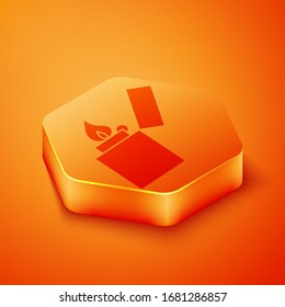 Isometric Lighter icon isolated on orange background. Orange hexagon button. Vector Illustration