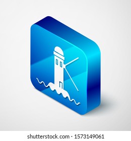 Isometric Lighthouse icon isolated on white background. Blue square button. Vector Illustration
