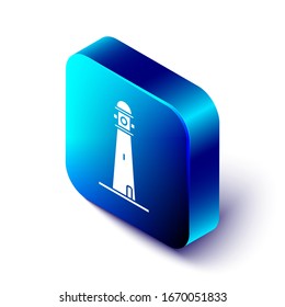Isometric Lighthouse icon isolated on white background. Blue square button. Vector Illustration